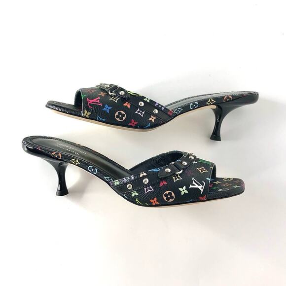 Louis Vuitton x Murakami Logo Multicolored Slip On Kitten Heel Mules Sandals 37 - Picture 3 of 8